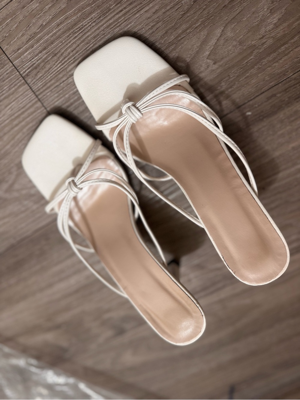White Strappy Square-Toe Slide Heels
